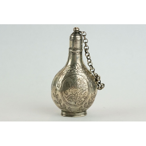 321 - 18th century unmarked silver scent bottle, screw top lid and safety chain, engraved floral and folia... 