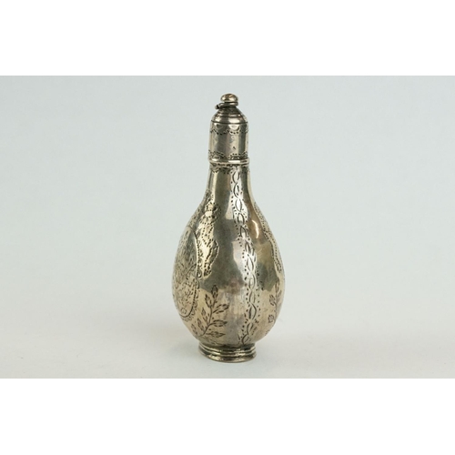 321 - 18th century unmarked silver scent bottle, screw top lid and safety chain, engraved floral and folia... 