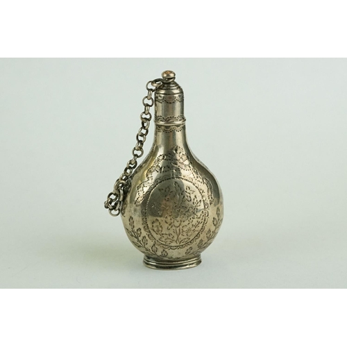 321 - 18th century unmarked silver scent bottle, screw top lid and safety chain, engraved floral and folia... 