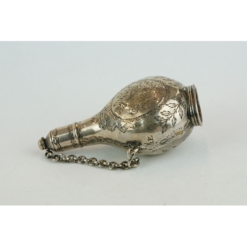 321 - 18th century unmarked silver scent bottle, screw top lid and safety chain, engraved floral and folia... 