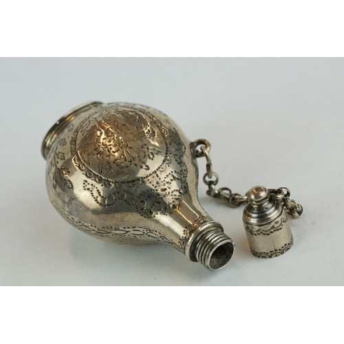 321 - 18th century unmarked silver scent bottle, screw top lid and safety chain, engraved floral and folia... 