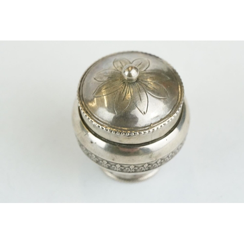 323 - German silver pomander, circa 1760, pedestal lidded bowl form, cast fleur-de-lis border, engraved fl... 