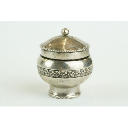 323 - German silver pomander, circa 1760, pedestal lidded bowl form, cast fleur-de-lis border, engraved fl... 