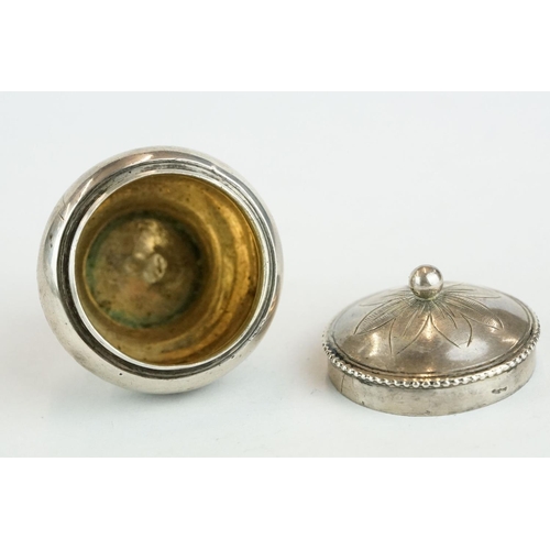 323 - German silver pomander, circa 1760, pedestal lidded bowl form, cast fleur-de-lis border, engraved fl... 