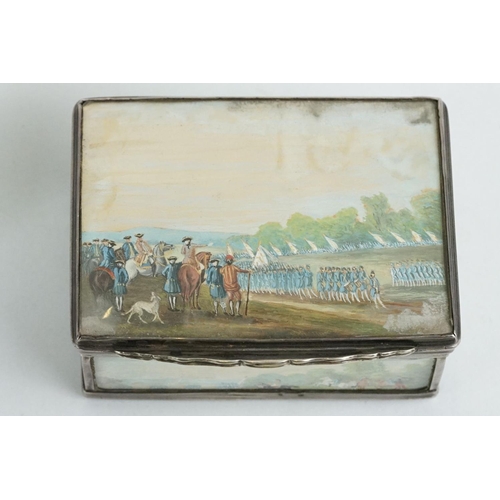 325 - Unmarked silver snuff box, the hinged lid, body and base with hand painted miniature scenes depictin... 