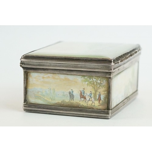 325 - Unmarked silver snuff box, the hinged lid, body and base with hand painted miniature scenes depictin... 