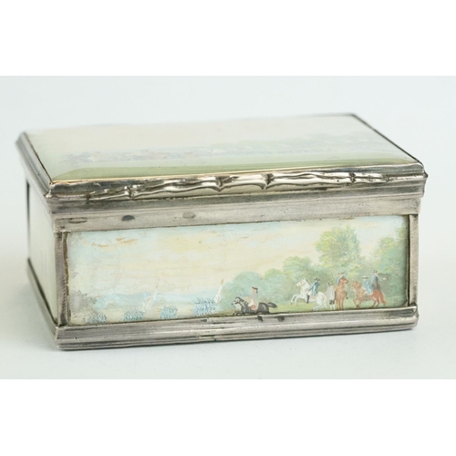 325 - Unmarked silver snuff box, the hinged lid, body and base with hand painted miniature scenes depictin... 