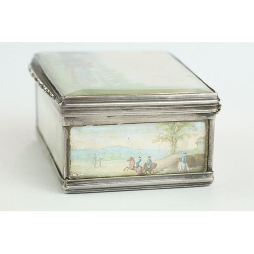 325 - Unmarked silver snuff box, the hinged lid, body and base with hand painted miniature scenes depictin... 