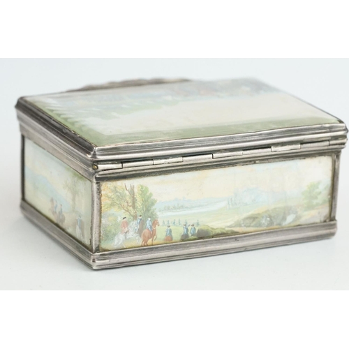 325 - Unmarked silver snuff box, the hinged lid, body and base with hand painted miniature scenes depictin... 