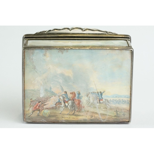 325 - Unmarked silver snuff box, the hinged lid, body and base with hand painted miniature scenes depictin... 