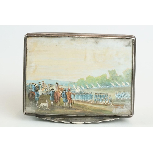 325 - Unmarked silver snuff box, the hinged lid, body and base with hand painted miniature scenes depictin... 