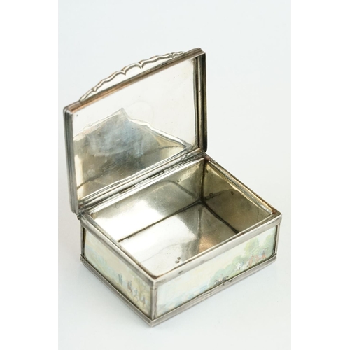 325 - Unmarked silver snuff box, the hinged lid, body and base with hand painted miniature scenes depictin... 