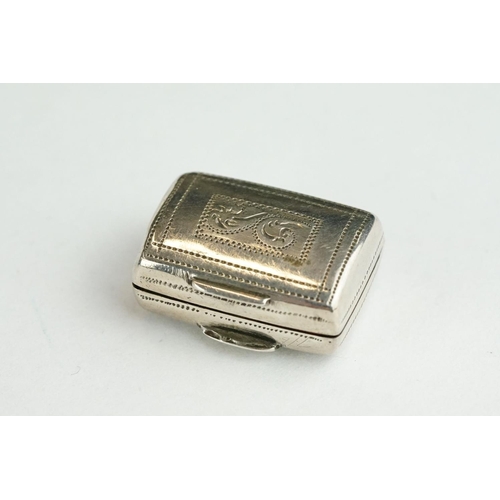 326 - George III miniature silver vinaigrette, chequerboard hinged lid with vacant cartouche to centre, th... 