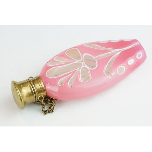 328 - 19th century French glass and brass scent bottle, the colourless glass scent bottle with pink glass ... 