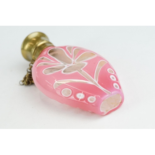 328 - 19th century French glass and brass scent bottle, the colourless glass scent bottle with pink glass ... 