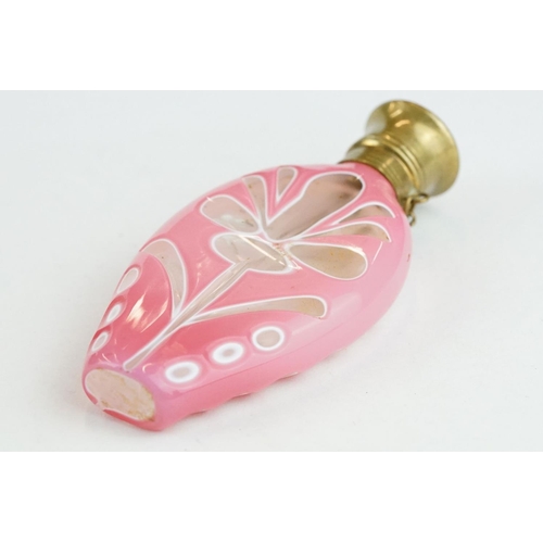 328 - 19th century French glass and brass scent bottle, the colourless glass scent bottle with pink glass ... 