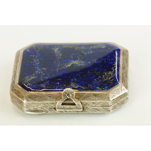 335 - French Houbigant enamelled white metal compact case, the lid with lapis-lazuli-style enamel panel, t... 