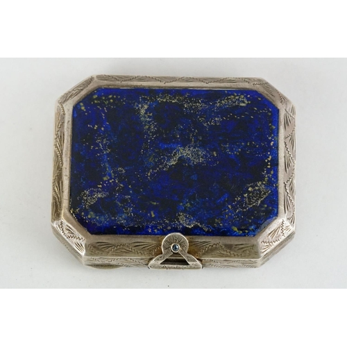 335 - French Houbigant enamelled white metal compact case, the lid with lapis-lazuli-style enamel panel, t... 