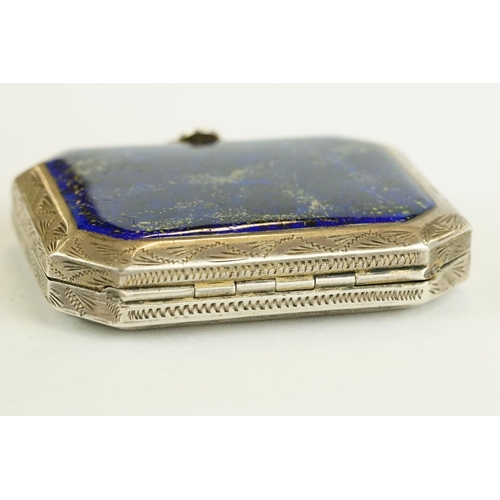 335 - French Houbigant enamelled white metal compact case, the lid with lapis-lazuli-style enamel panel, t... 