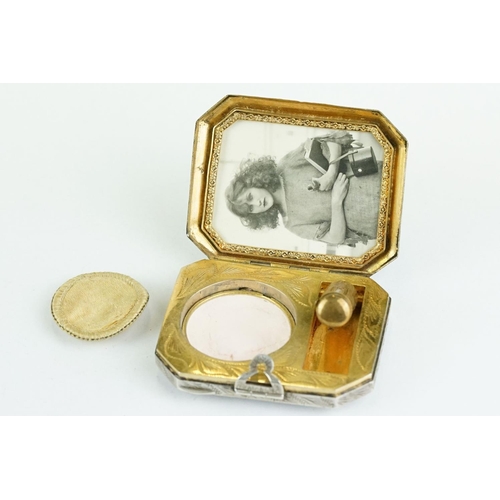 335 - French Houbigant enamelled white metal compact case, the lid with lapis-lazuli-style enamel panel, t... 