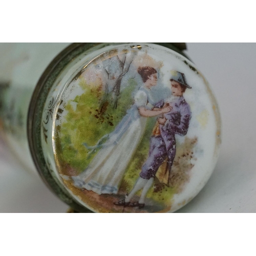 341 - 19th century continental cylindrical trinket pot, the lid depicting a courting couple, the body depi... 