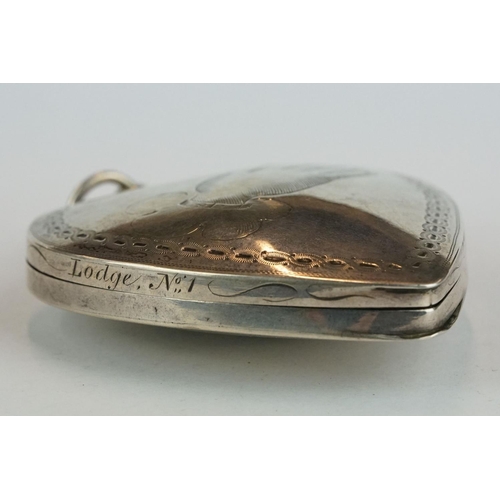 344 - George III silver heart-shaped trinket box, engraved hand depicted to each side with rope twist surr... 