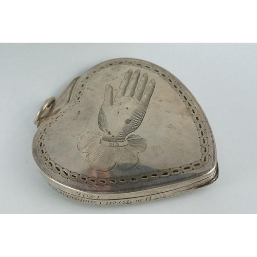 344 - George III silver heart-shaped trinket box, engraved hand depicted to each side with rope twist surr... 