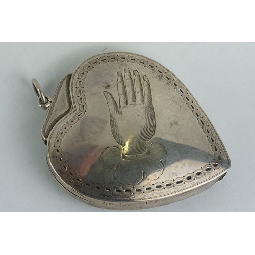 344 - George III silver heart-shaped trinket box, engraved hand depicted to each side with rope twist surr... 