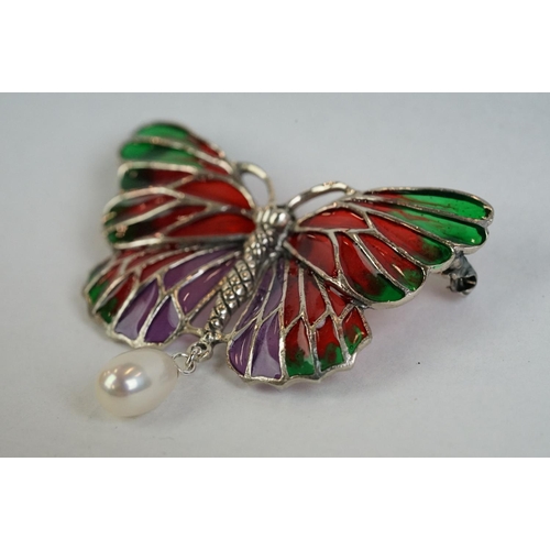 348 - A silver and plique-a-jour butterfly brooch-pendant necklace