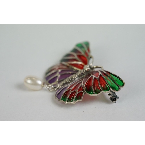 348 - A silver and plique-a-jour butterfly brooch-pendant necklace