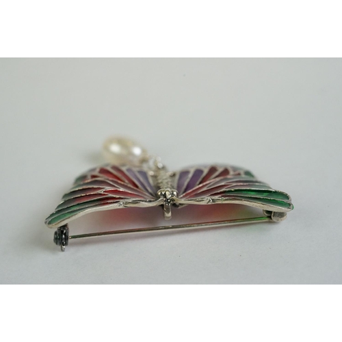 348 - A silver and plique-a-jour butterfly brooch-pendant necklace