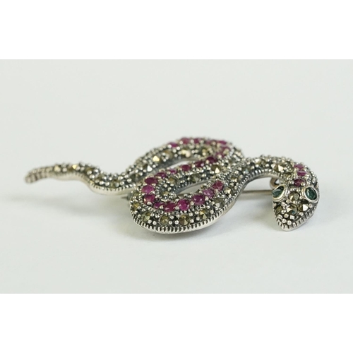 351 - A silver, marcasite and ruby set snake brooch