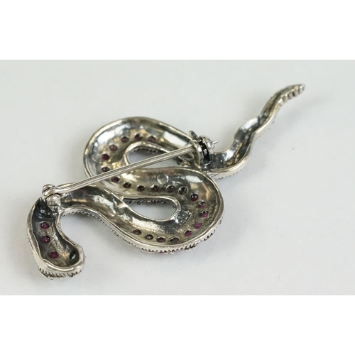 351 - A silver, marcasite and ruby set snake brooch