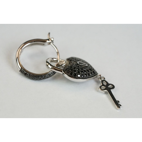 352 - A pair of silver and CZ heart shaped drop earrings, heart and key