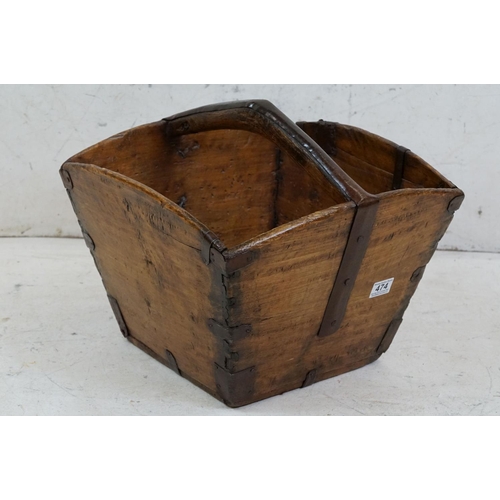 474 - Vintage oak iron-bound log basket, of tapering square form, with sturdy metal bound handle, approx 3... 