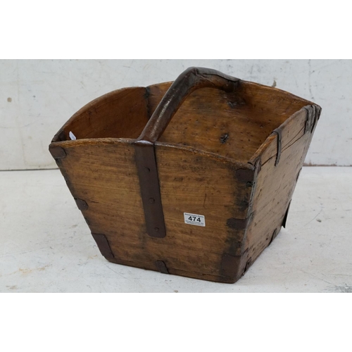 474 - Vintage oak iron-bound log basket, of tapering square form, with sturdy metal bound handle, approx 3... 