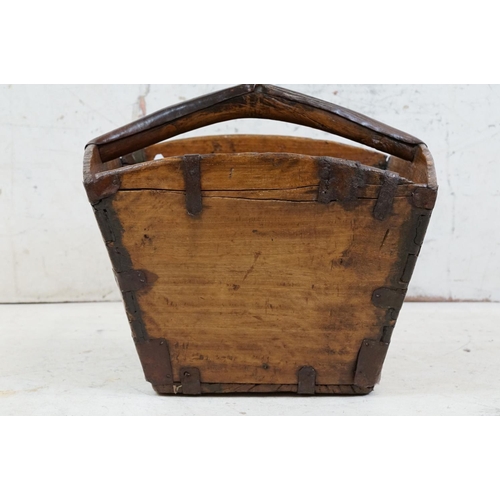 474 - Vintage oak iron-bound log basket, of tapering square form, with sturdy metal bound handle, approx 3... 