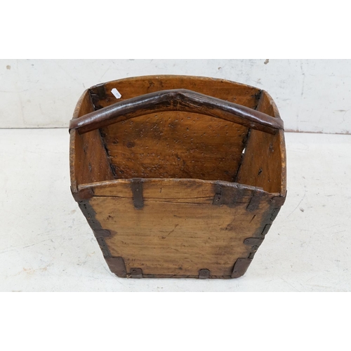 474 - Vintage oak iron-bound log basket, of tapering square form, with sturdy metal bound handle, approx 3... 