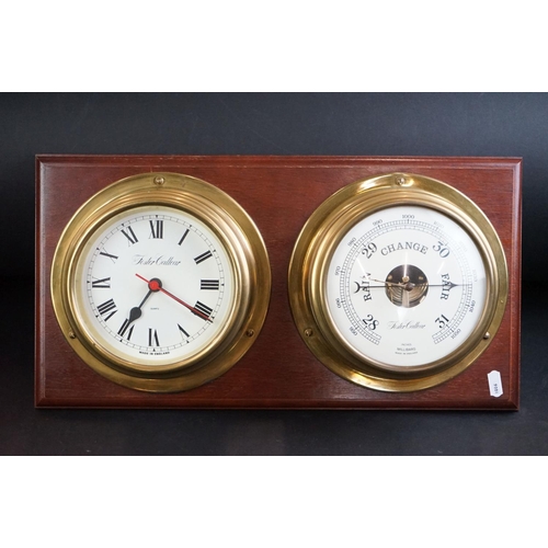 485 - Foster Callear brass cased quartz ship-style clock and barometer mounted on wooden wall plaque, 48cm... 