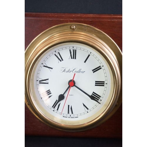 485 - Foster Callear brass cased quartz ship-style clock and barometer mounted on wooden wall plaque, 48cm... 