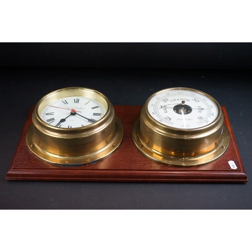 485 - Foster Callear brass cased quartz ship-style clock and barometer mounted on wooden wall plaque, 48cm... 