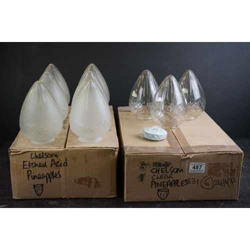 487 - Set of Six frosted glass light shades of conical form with criss-cross cut decoration, 15cm long, to... 