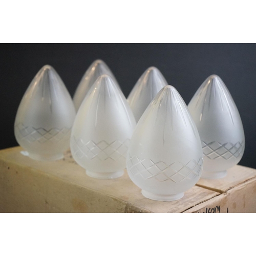 487 - Set of Six frosted glass light shades of conical form with criss-cross cut decoration, 15cm long, to... 