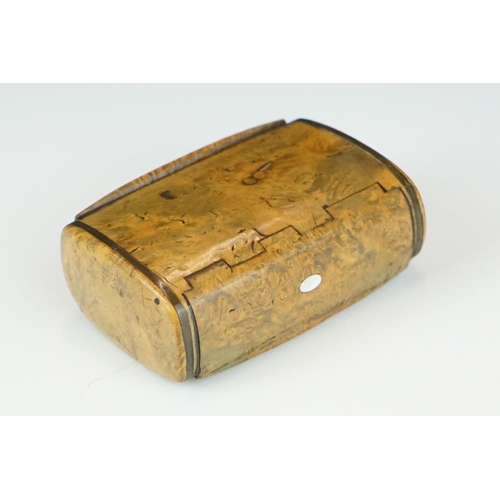 371 - An unusual 19th century burr wood double sided pocket snuff box of rectangular outline, one hinged d... 