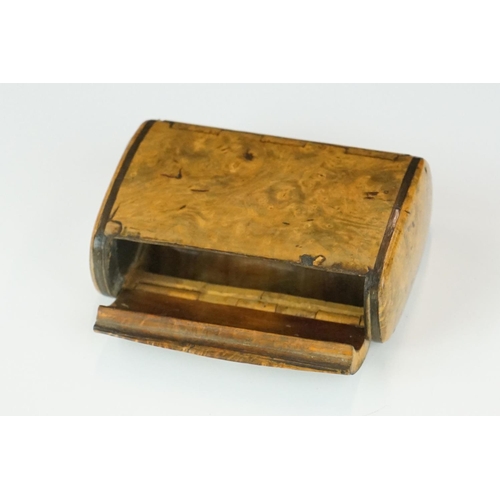 371 - An unusual 19th century burr wood double sided pocket snuff box of rectangular outline, one hinged d... 