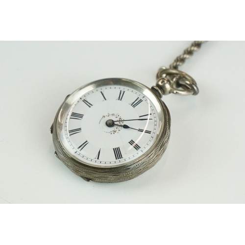 373 - Silver pocket watch with fancy chain