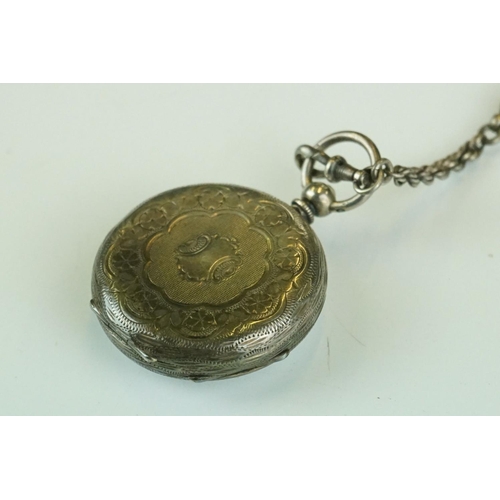 373 - Silver pocket watch with fancy chain