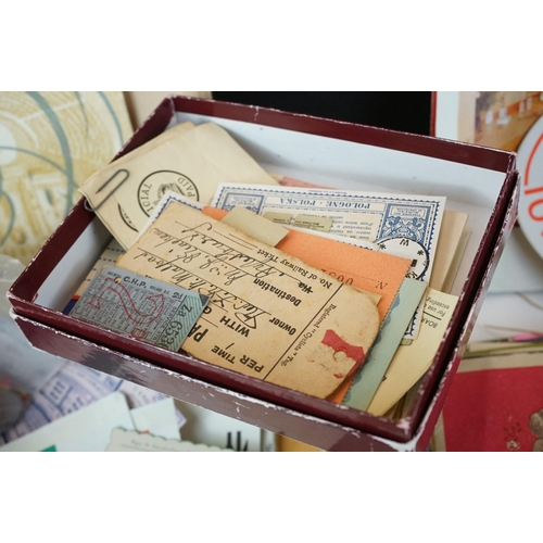 396 - A collection of mixed ephemera to include train tickets, ships menus, war office notepaper, cheques ... 