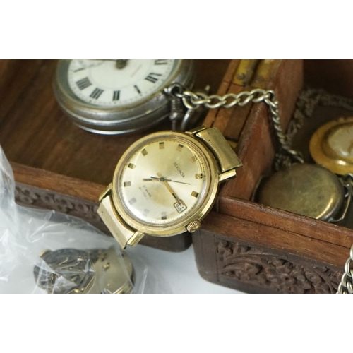 405 - Box of mixed collectables including gents pocket watch and albert, vesta case, gents watch etc