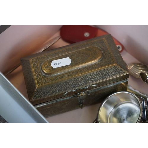 423 - A box of mixed collectables to include a cased silver topped brush, hallmarked silver mirror, brass ... 